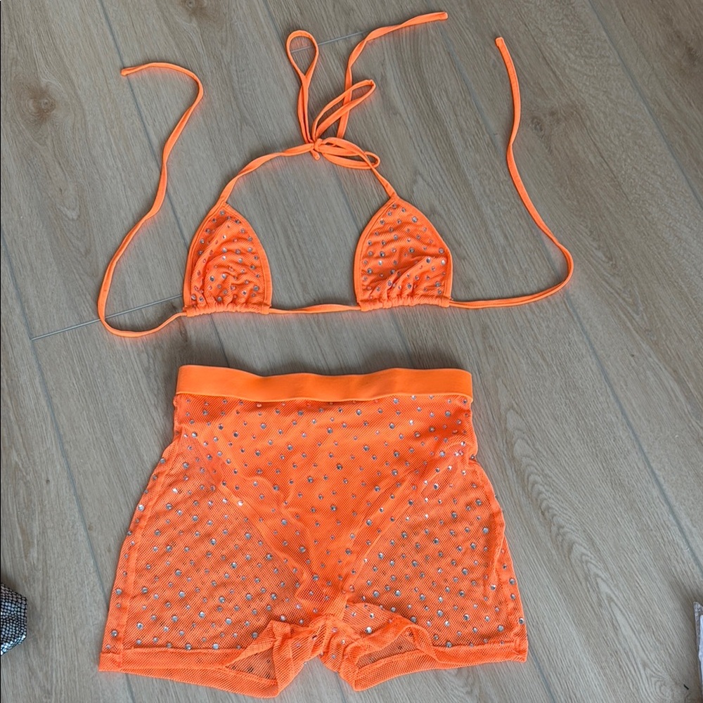 Orange Sparkly Rave Set with Rhinestones